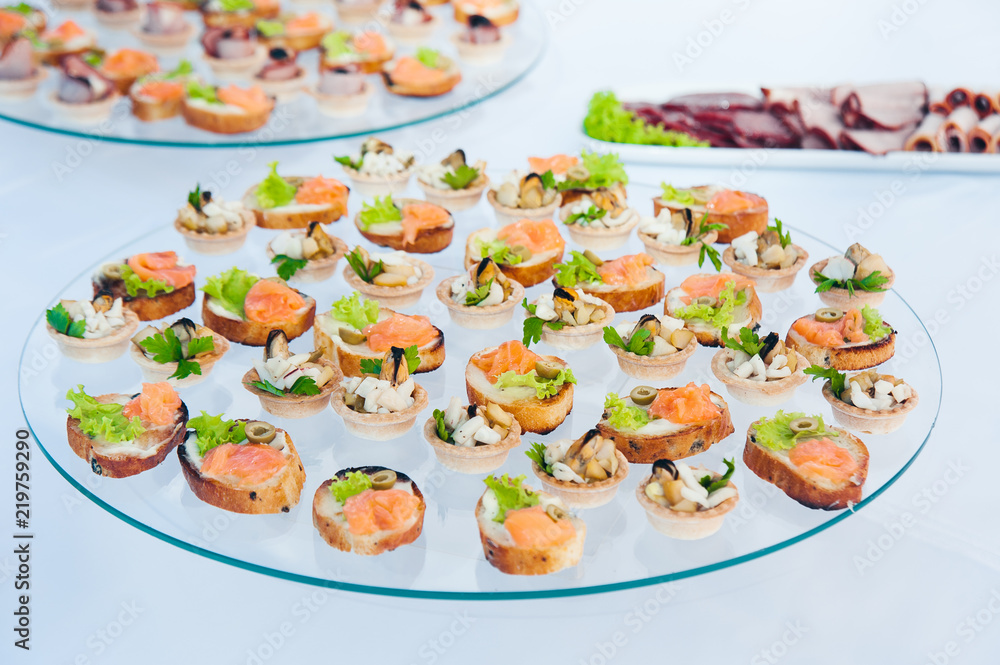 canape set with salmon fish and meat at luxury reception. catering food service canape set with salmon fish and meat at luxury reception. catering food service