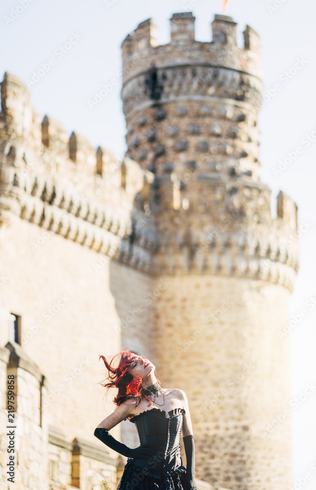 Pretty red haired medieval girl poses together castle. Stock Photo ...