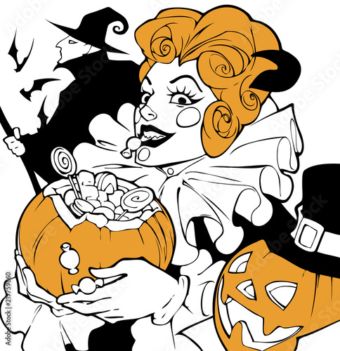 Cartoon halloween illustration  of an evil bizarre clown mascot holding a pumpkin full of sweets
