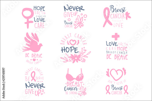 Breast Cancer Fund Collection Of Colorful Promo Sign Design Templates In Pink Color With International Cancer Sickness Symbols And Motivating Slogans