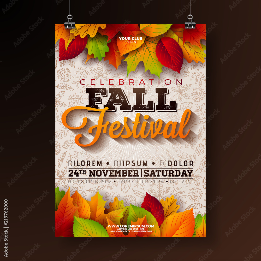 Naklejka premium Autumn Party Flyer Illustration with falling leaves and typography design on doodle pattern background. Vector Autumnal Fall Festival Design for Invitation or Holiday Celebration Poster.