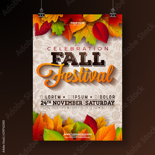 Autumn Party Flyer Illustration with falling leaves and typography design on doodle pattern background. Vector Autumnal Fall Festival Design for Invitation or Holiday Celebration Poster.