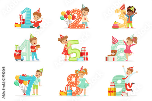 Little Children Birthday Celebration Set With Adorable Kids Standing Next To The Growing Digits Of Their Age © topvectors