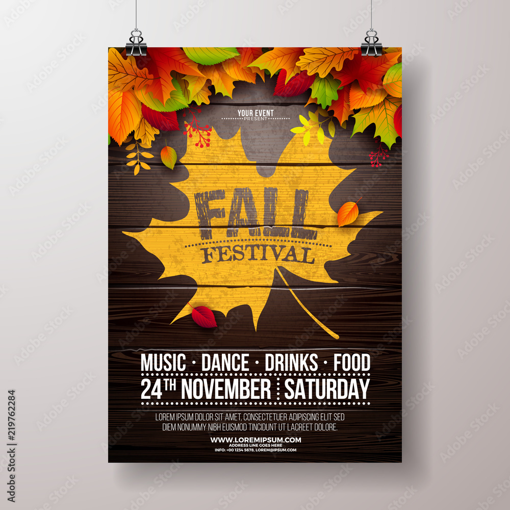 Fototapeta premium Autumn Party Flyer Illustration with falling leaves and typography design on vintage wood background. Vector Autumnal Fall Festival Design for Invitation or Holiday Celebration Poster.
