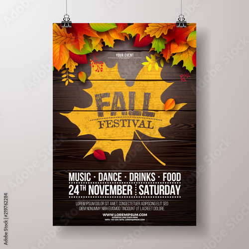 Autumn Party Flyer Illustration with falling leaves and typography design on vintage wood background. Vector Autumnal Fall Festival Design for Invitation or Holiday Celebration Poster.