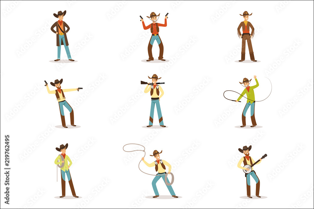 Naklejka premium North American Cowboy With Different Accessories Set Of Cartoon Characters, Modern Western Cattle Hurdlers In Traditional Texan Cowboy Outfit.