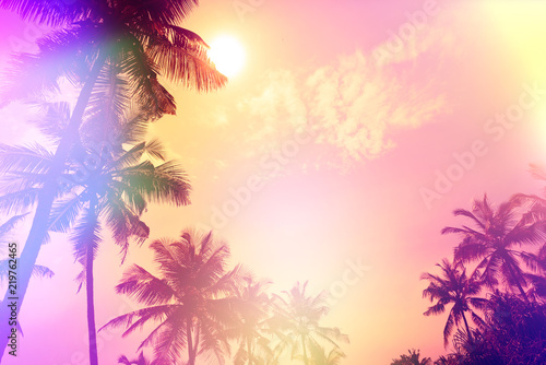 Fototapeta Naklejka Na Ścianę i Meble -  Palm sunset silhouettes tropical beach party stylized with colofrul light leaks