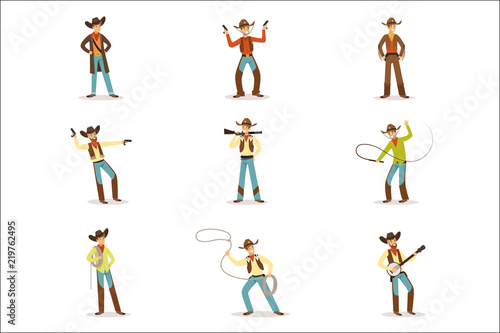 North American Cowboy With Different Accessories Set Of Cartoon Characters, Modern Western Cattle Hurdlers In Traditional Texan Cowboy Outfit.