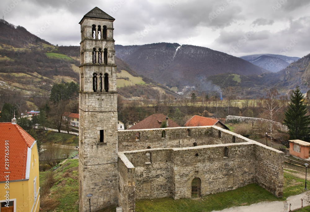 Tower of St. Luke and church of the Virgin Mary in Jajce. Bosnia and Herzegovina