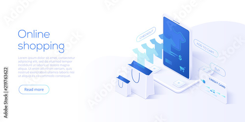 Online shopping or e-commerce isometric vector illustration. Internet store checkput procedure  concept with smartphone and bag. Credit card payment transaction via app.