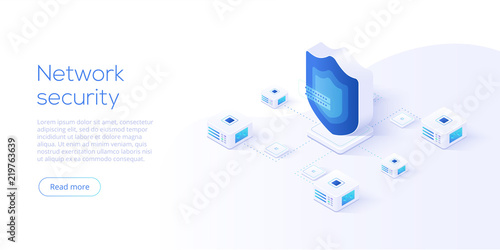 Network data security isometric vector illustration. Online server protection system concept with datacenter or blockchain. Secure bank transaction with password verification via internet. photo