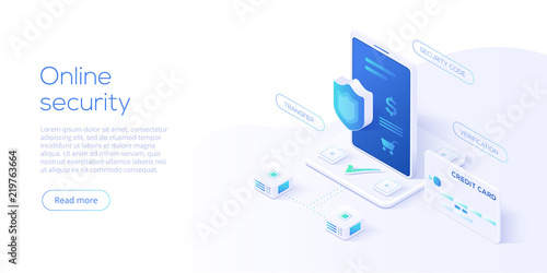 Mobile data security isometric vector illustration. Online payment protection system concept with smartphone and credit card. Secure bank transaction with password verification via internet.