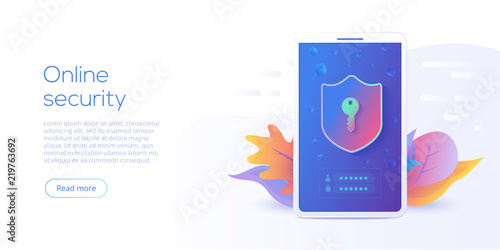 Mobile data security isometric vector illustration. Online protection system concept with smartphone and verification code filed. Secure transfer or transaction with password via internet.