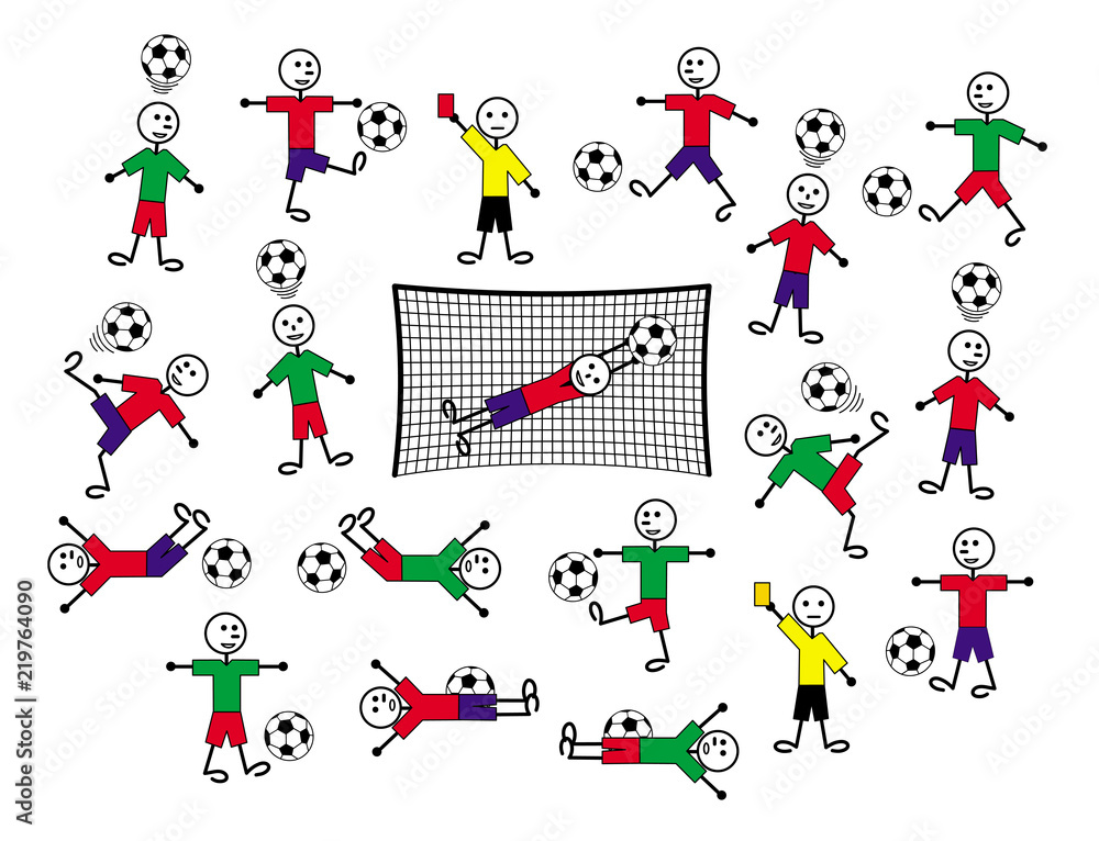 Composition of cartoon drawings of players and referees. Football and soccer. Positive colorful background. Vector graphics. Composition of cartoon drawings of players and referees. Football and soccer. Positive colorful background. Vector graphics.
