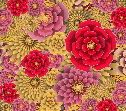 Happy chinese new year 2019 Zodiac sign with gold paper cut art and craft style on color Background. Chinese characters mean Happy New Year