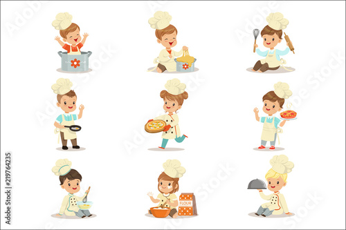Small Kids In Chief Double-Brested Coat And Toque Hat Cooking Food And BAking Set OF Cute Cartoon Characters Preparing Meal