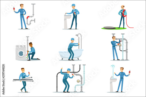 Plumber And Water Supply Plumbing Specialist At Work Doing Repairs Set Of Cartoon Character Scenes