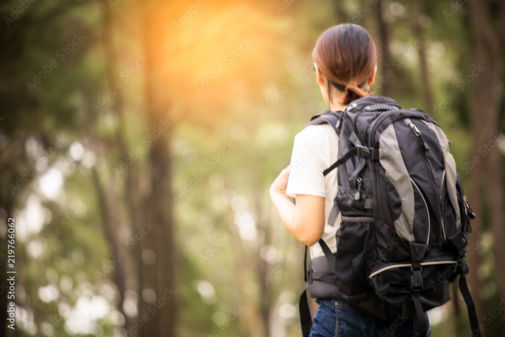 Traveling woman with backpack In the beautiful pine forest at sunset. Traveling woman with backpack In the beautiful pine forest at sunset.