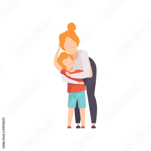 Mother hugging her son, Mom and her kid having good time together vector Illustration on a white background