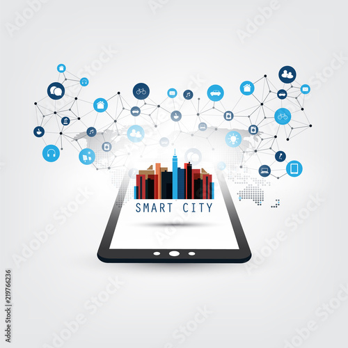Smart City, Internet of Things Design Concept with Tablet PC and Icons - Digital Network Connections, Technology Background