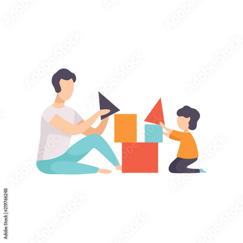 Father playing toy cubes with his son, Dad and his kid having good time together vector Illustration on a white background