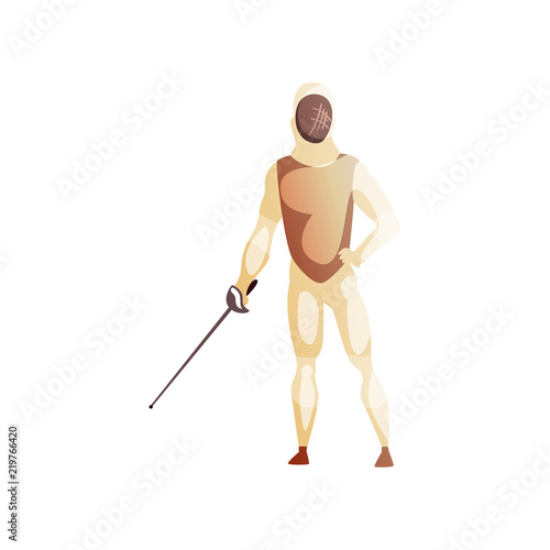 Man wearing fencing suit standing with sword, male fencing athlete character, active sport lifestyle vector Illustration on a white background