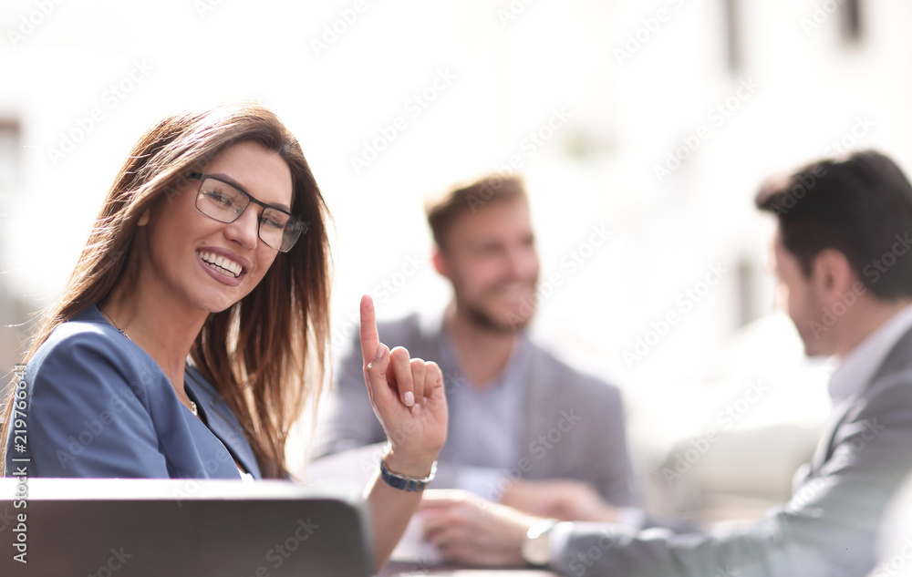 smiling business woman background of colleagues smiling business woman background of colleagues