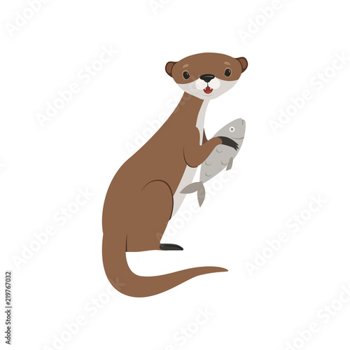 Cute otter holding fish, funny animal character vector Illustration on a white background