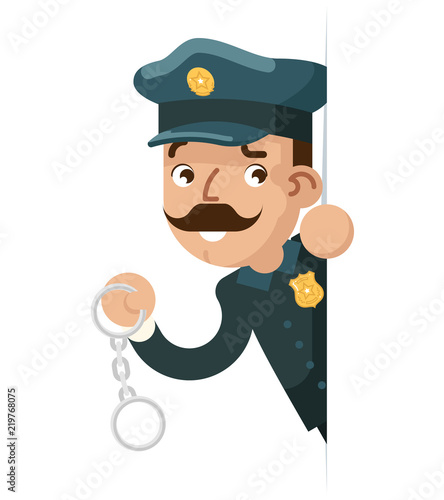 Policeman detective handcuffs look peeking out of the corner cartoon police flat design vector illustration