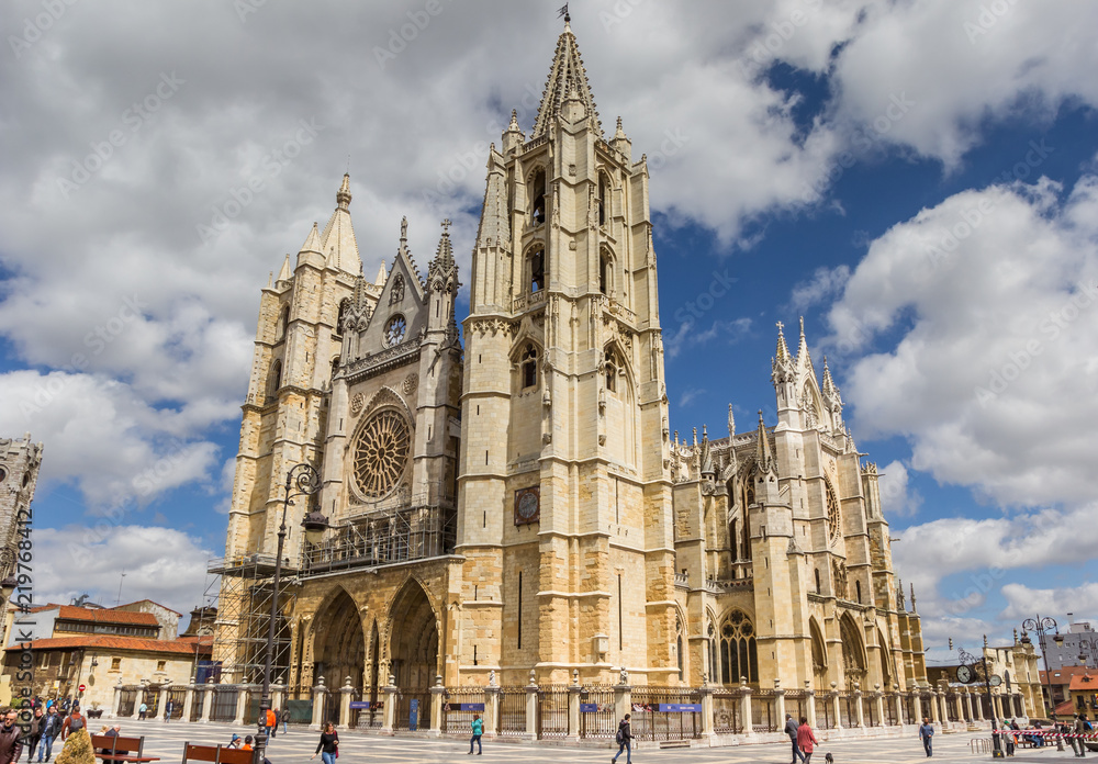Cathedral and square in the historic center of Leon, Spain