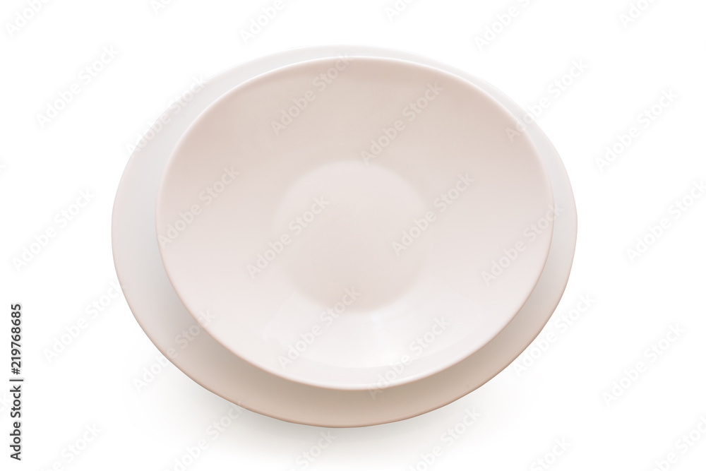 Empty white plate, dish set Isolated on white background with clipping path, Top view. Empty white plate, dish set Isolated on white background with clipping path, Top view.