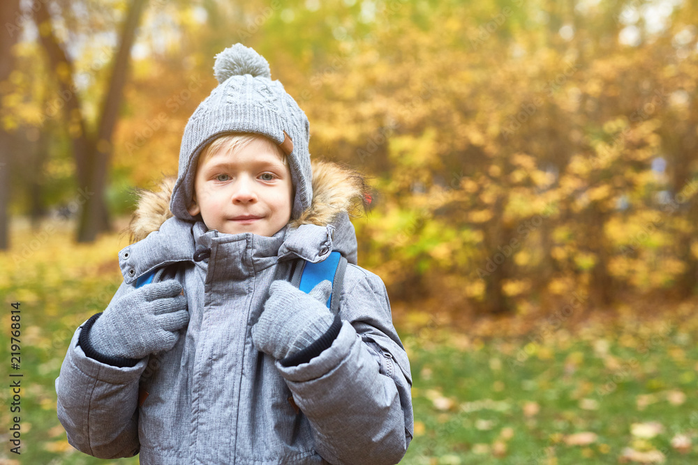 Little boy in warm clothes with backpack going to school on autumn day through park with yellow leaves Little boy in warm clothes with backpack going to school on autumn day through park with yellow leaves