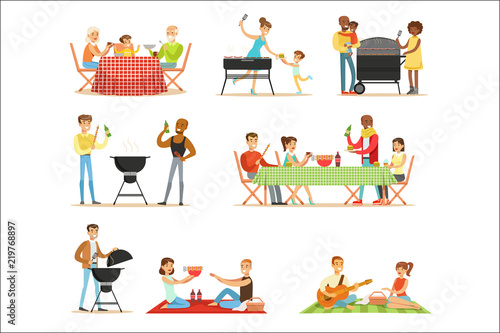 People On BBQ Picnic Outdoors Eating And Cooking Grilled Meat On Electric Barbecue Grill Set Of Scenes