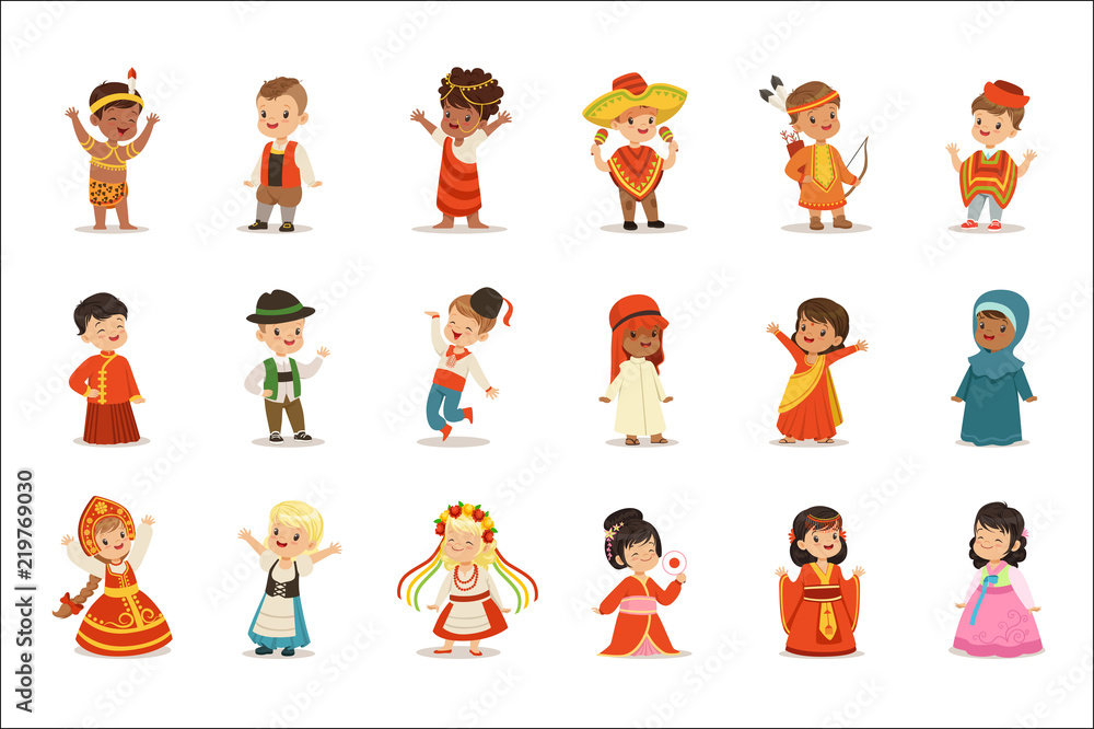 Kids Wearing National Costumes Of Different Countries Set Of Cute Boys