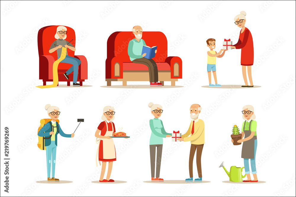 Old People Living Full Live And Enjoying Their Hobbies And Leisure Set Of Smiling Elderly Cartoon Characters Old People Living Full Live And Enjoying Their Hobbies And Leisure Set Of Smiling Elderly Cartoon Characters