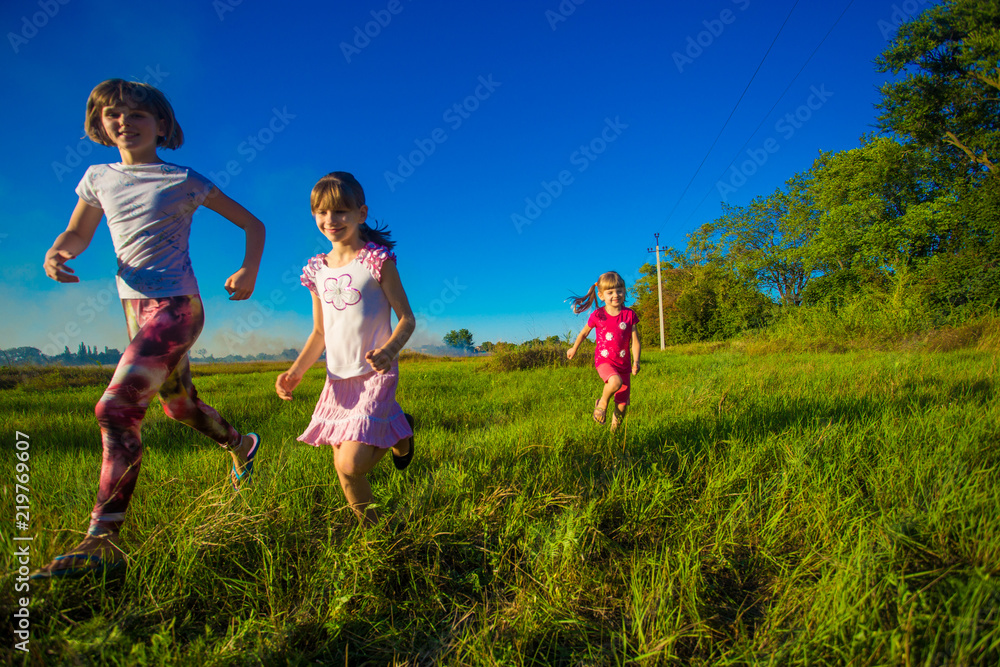 Fototapeta premium Group of happy kids running in green summer field