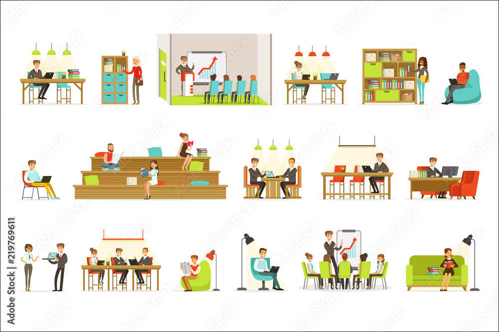 Naklejka premium Coworking Workplace, Freelancers Sharing Space And Ideas In Office Where They Work Together Set Of Illustrations