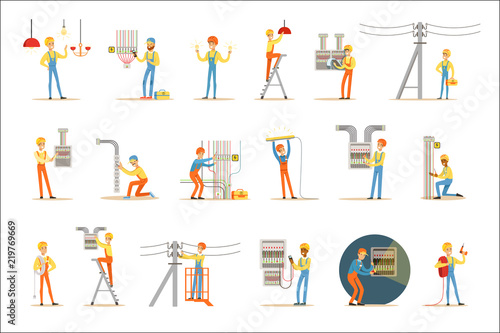 Electrician In Uniform And Hard Hat Working With Electric Cables And Wires, Fixing Electricity Problems Indoors And Outdoors Set Of Illustrations
