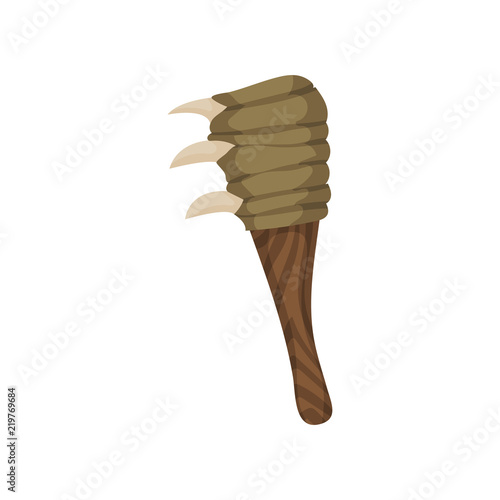 Prehistoric truncheon with animal teeth, stone age symbol, weapon of caveman vector Illustration on a white background