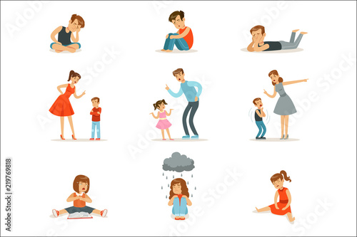 Mutual relations of parents and children, mom and dad scream and scold their children, negative children emotions