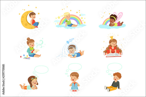 Happy kids dreaming and fantasizing. Cartoon detailed colorful Illustrations