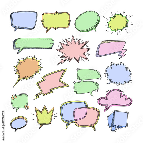 Bubbles vector blank speech bubbling messages for communication or dialog set of cartoon bubbly chat balloon sketch think or talk isolated on white background illustration