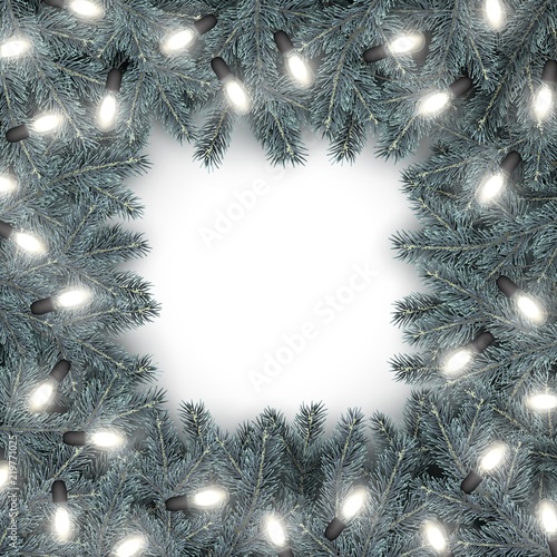 New Year frame Realistic branches Christmas tree, lightbulb Scandinavian style