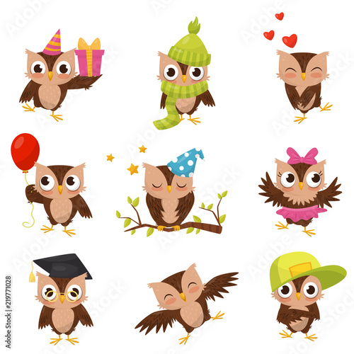 Lovely little brown owlets set, cute bird cartoon character in different situations vector Illustration on a white background