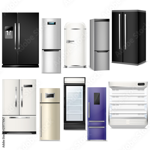 Fridge vector refrigerator or freezer and refrigeratory equipment in kitchen illustration set of refrigerant household appliance isolated on white background