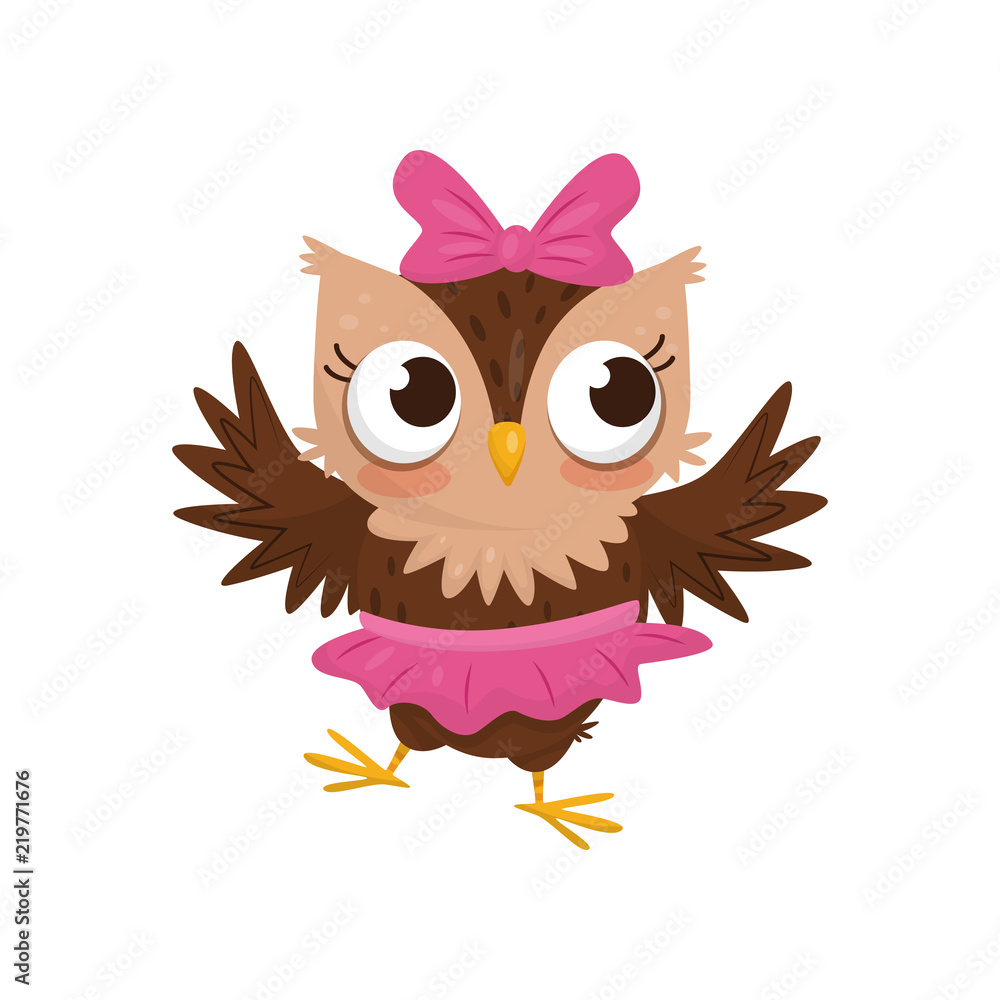 Lovely little owlet girl wearing pink skirt and bow, cute bird cartoon character vector Illustration on a white background