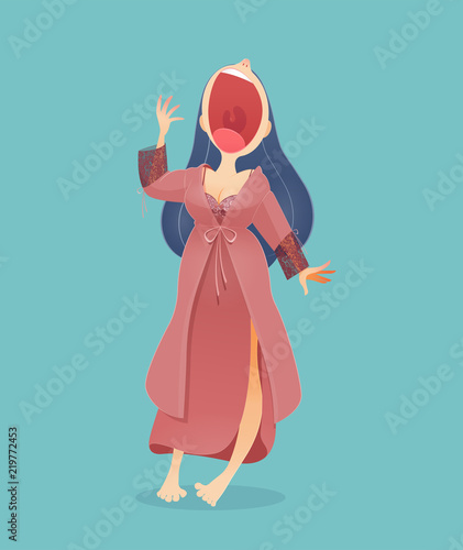 Cartoon woman in nightwear and robe standing yawn against blue background, Vector Cartoon