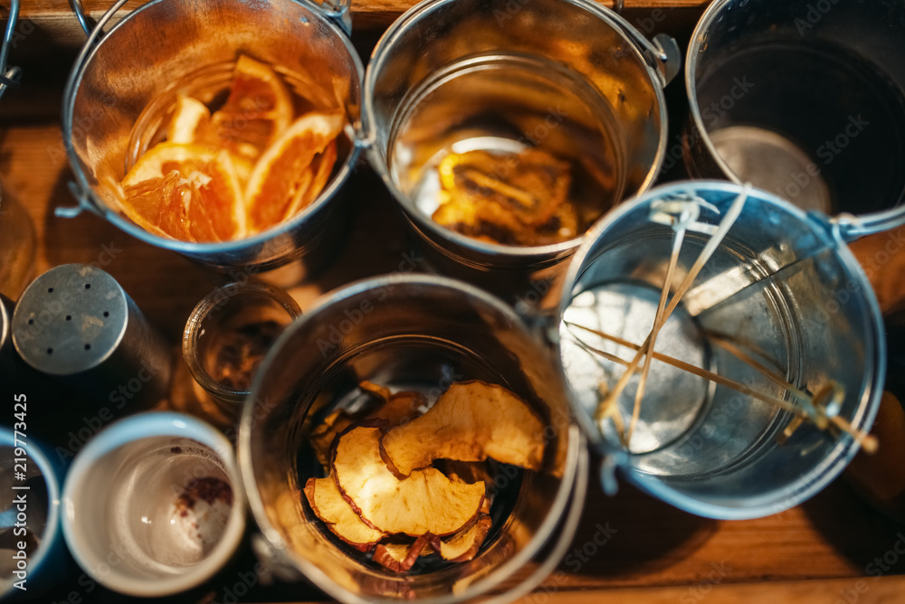 Buckets with beverages closeup, top view, nobody Buckets with beverages closeup, top view, nobody