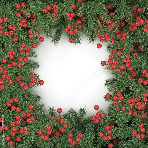 3d frame of realistic branches of Christmas tree and holly berries