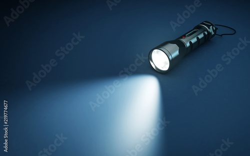 Flashlight and beam of light on a dark background. 3d rendering photo